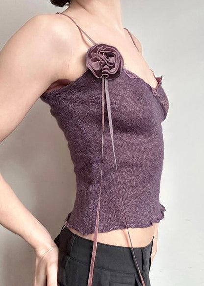Gilet en tricot slim à fleurs violettes en coton à bretelles spaghetti en dentelle