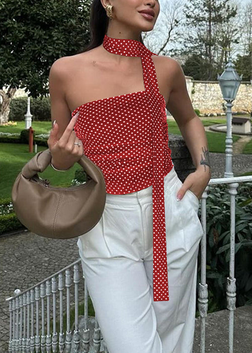 Schmal geschnittene, ärmellose rote Weste aus Baumwolle mit Schleife und Punkten