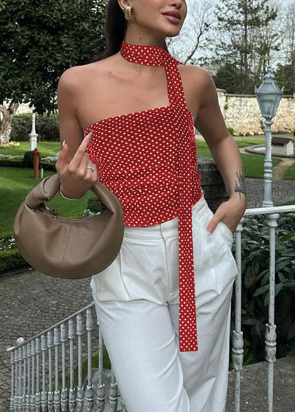 Schmal geschnittene, ärmellose rote Weste aus Baumwolle mit Schleife und Punkten