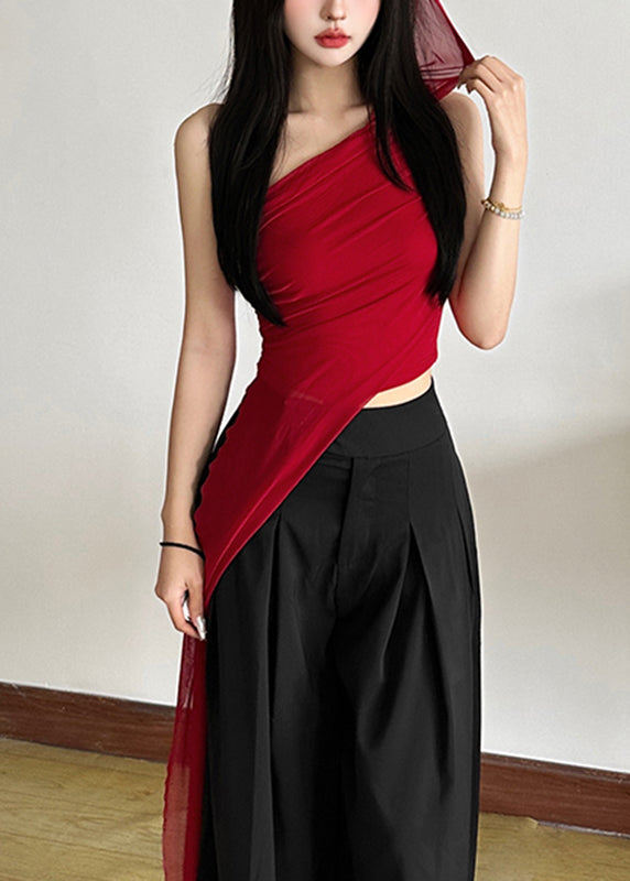 Fit Slim Asymmetrical Shoulder One Shirt Red Sleeveless Tulle