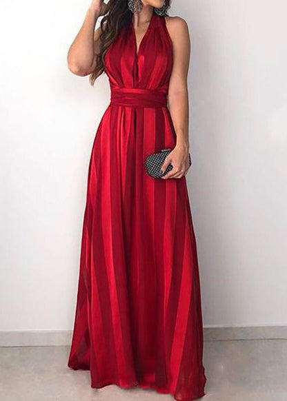 Robe en coton rouge coupe slim à col en V et ceinture nouée sans manches AA1058