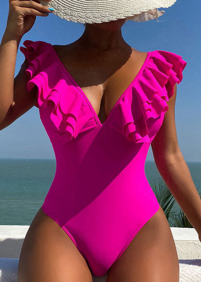 Maillot de bain de plage slim fit à volants roses en patchwork VC065