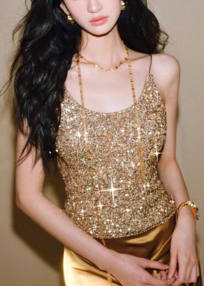 Gilet slim sans manches argenté à bretelles spaghetti et dos nu à paillettes