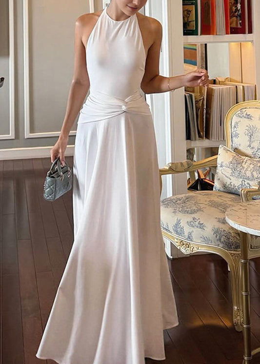 Weißes, ärmelloses, rückenfreies, knöchellanges, schmal geschnittenes Baumwollkleid