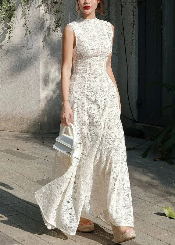 Kleid mit hoher Taille und Spitze, lang, weiß, ärmellos, schmal, einfarbig