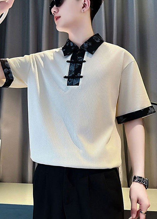 White Cotton Button Print Slim Shirts Patchwork Men Polo Fit