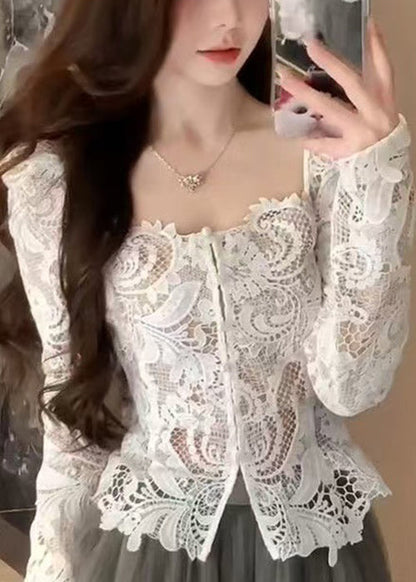 Lace Slim Out Fall Collar Fit Hollow Square White Shirt