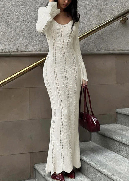 Weißes Kleid Frühling V-Strickhalsausschnitt Hohl Slim Out Long Fit