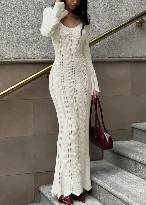 Weißes Kleid Frühling V-Strickhalsausschnitt Hohl Slim Out Long Fit