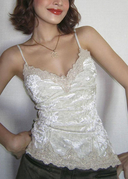 Spaghetti Soie Slim Neck Strap Fit Patchwork Velours Dentelle Blanc V