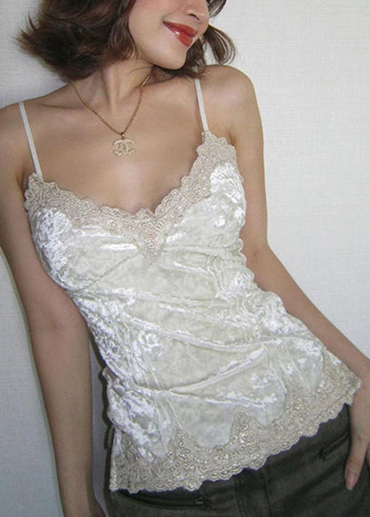 Spaghetti Soie Slim Neck Strap Fit Patchwork Velours Dentelle Blanc V