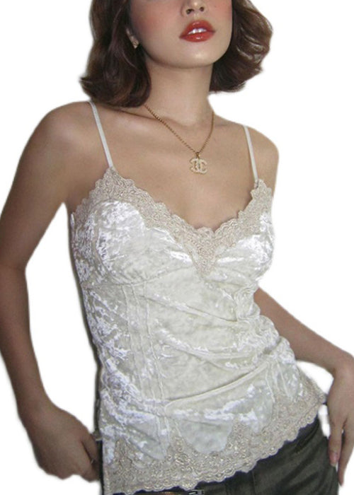 Spaghetti Soie Slim Neck Strap Fit Patchwork Velours Dentelle Blanc V