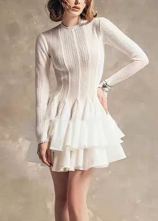 Zippered High Slim Waist Dress Lace Fall Fit White Mid