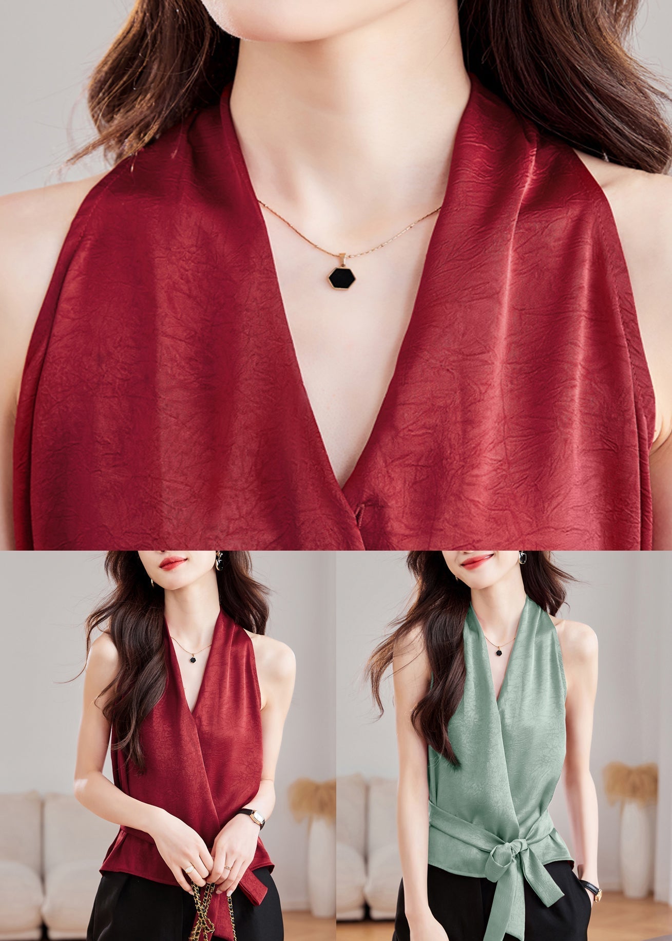 Fit Slim Tank Sleeveless Silk Red Wine Tie Waist V Neck