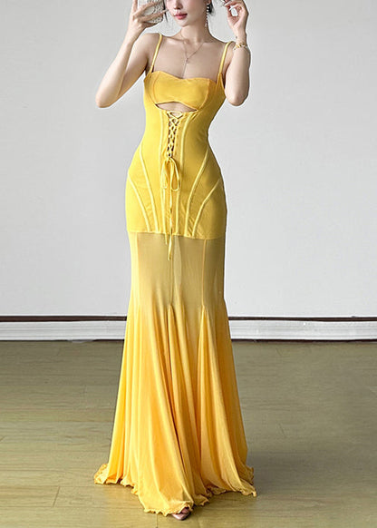 Tüll Schnürung Slim Gelb High Kleid Fit Spaghettiträger Taille