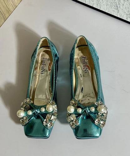 Chaussures plates à nœud souple en zircon pour femmes en similicuir vert CZ1030