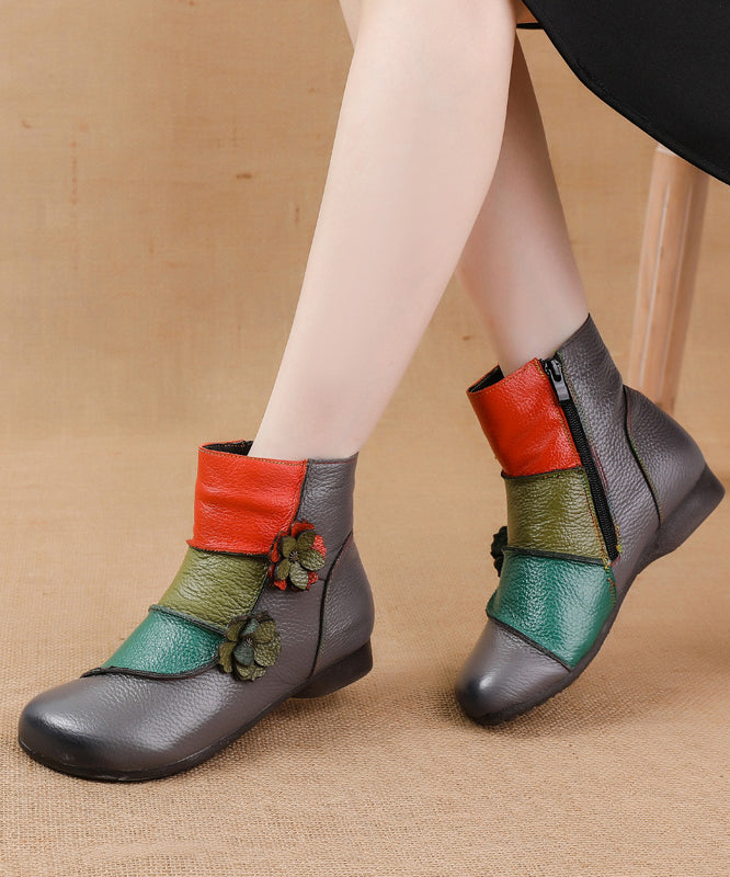 Soft Cowhide Leather Boots Boho Black Splicing Floral RD008