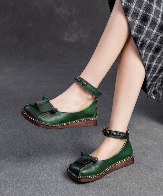 Soft Green Cowhide Leather Splicing Buckle Strap Flats Shoes SL1021