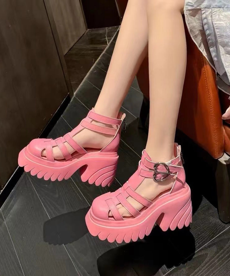 Soft Splicing Hollow Out Chunky Sandals Pink Cowhide Leather JJ071