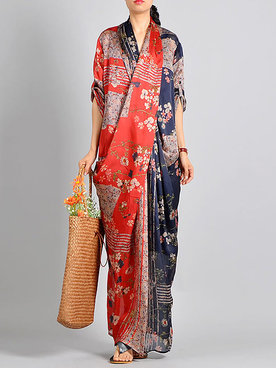 Plus Size Spliced Floral Print Vintage Tencel Women Dress RR1031