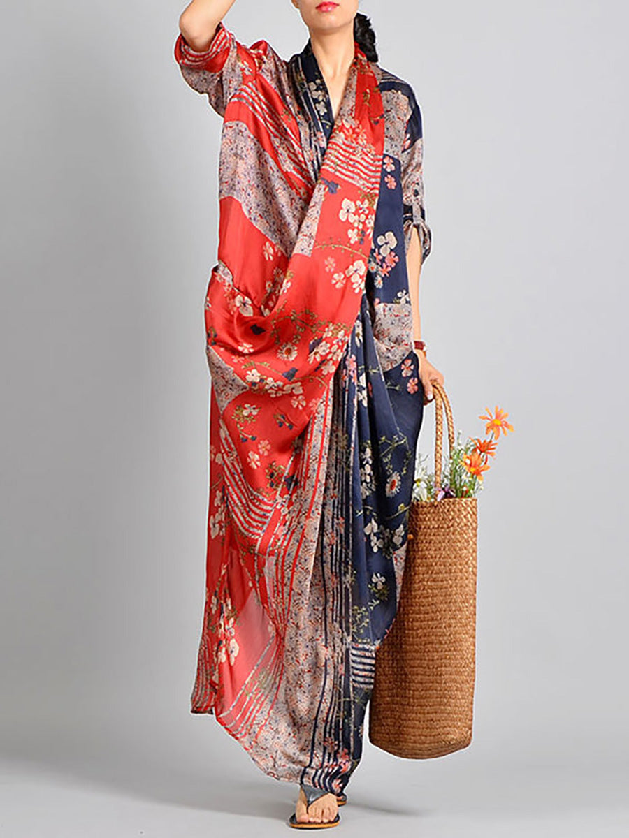Plus Size Spliced Floral Print Vintage Tencel Women Dress RR1031