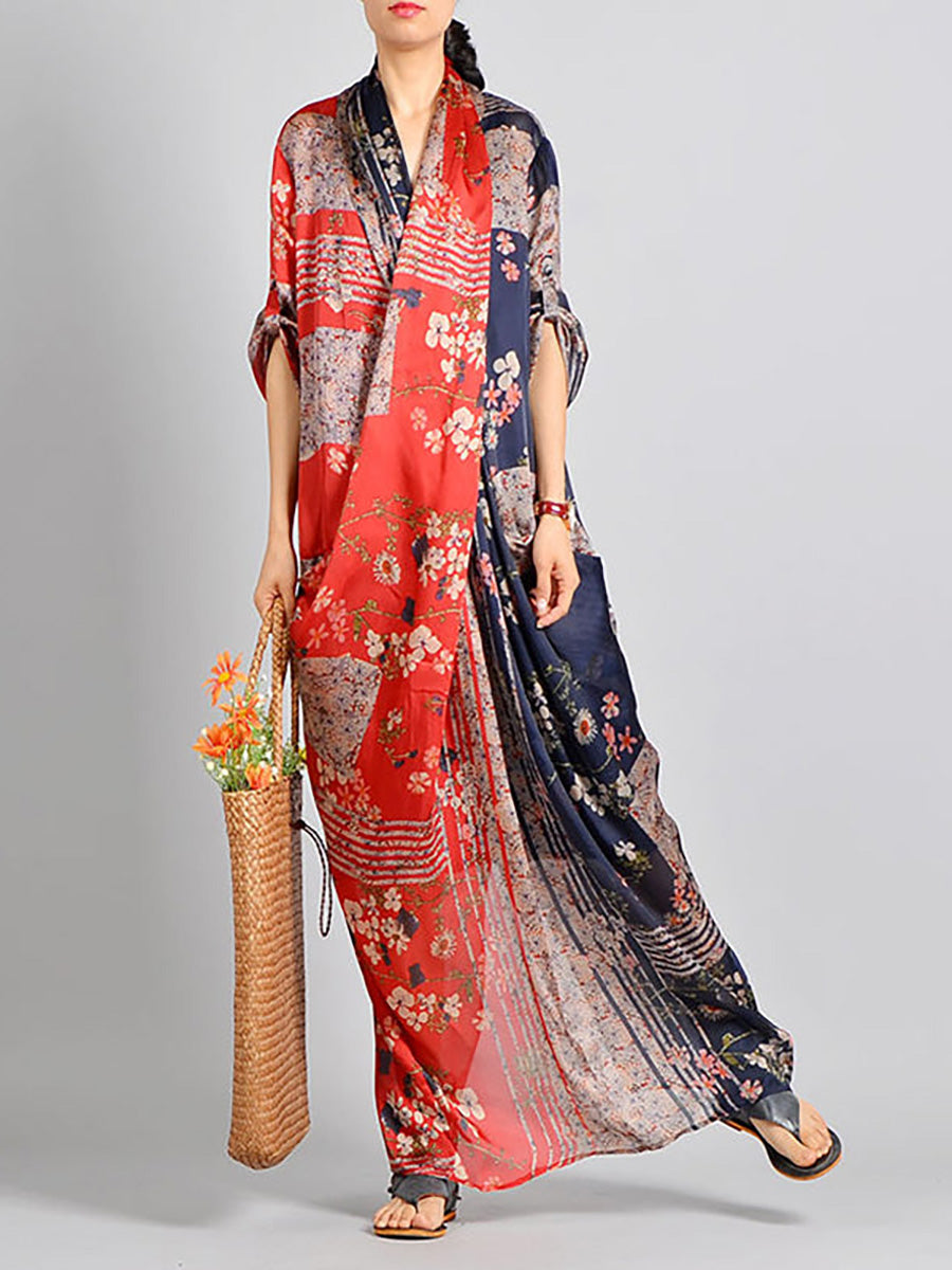Plus Size Spliced Floral Print Vintage Tencel Women Dress RR1031