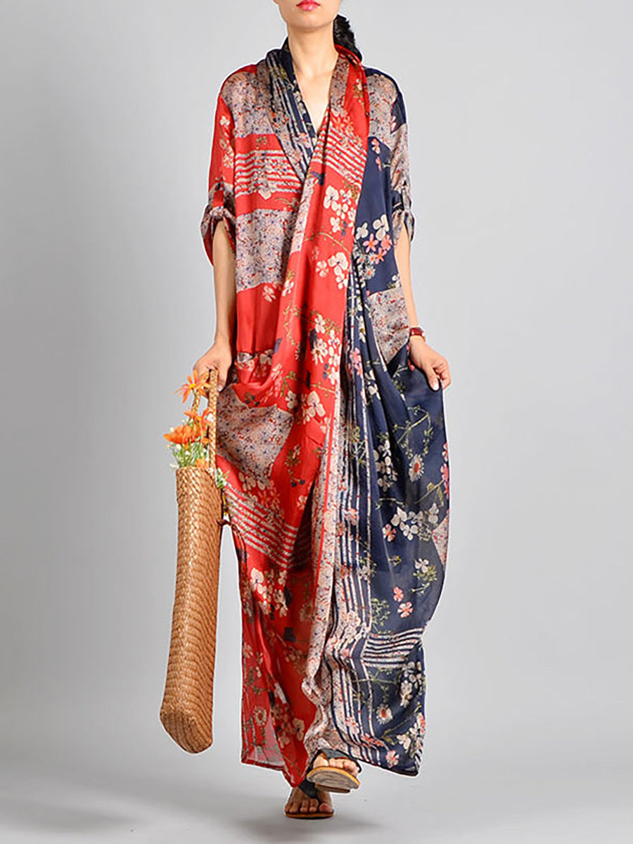 Plus Size Spliced Floral Print Vintage Tencel Women Dress RR1031