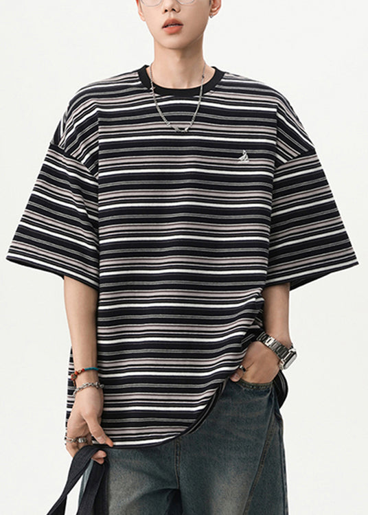 Shirts Herren Cozy O Schwarz Gestreiften T Baumwolle Hals Sommer