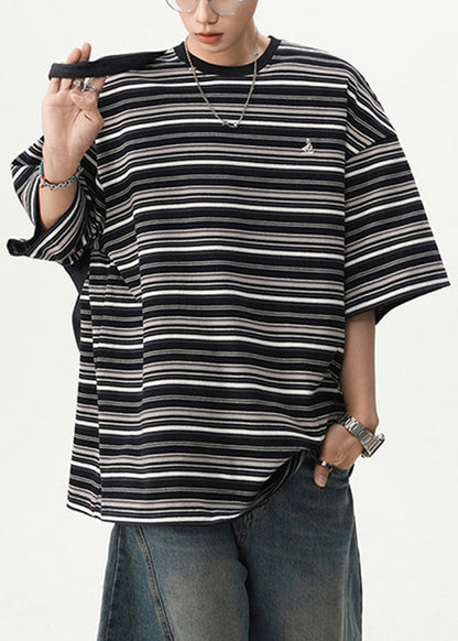 Shirts Herren Cozy O Schwarz Gestreiften T Baumwolle Hals Sommer