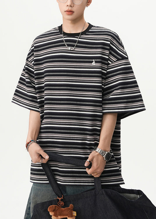 Shirts Herren Cozy O Schwarz Gestreiften T Baumwolle Hals Sommer