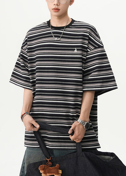 Shirts Herren Cozy O Schwarz Gestreiften T Baumwolle Hals Sommer