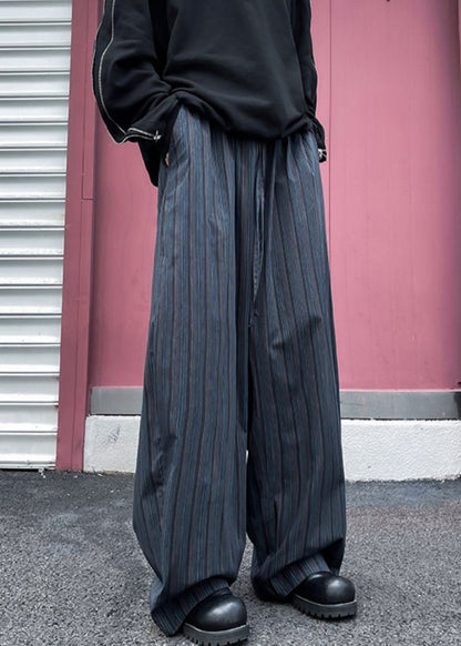 Pantalon en coton à larges rayures et poches pour homme, taille élastique, noir