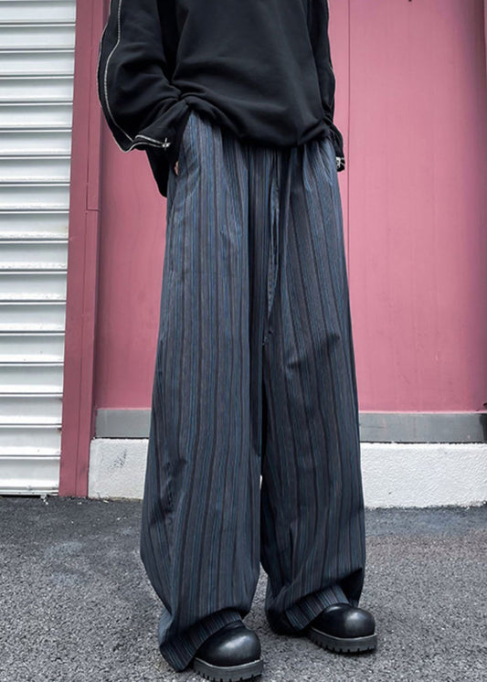 Pantalon en coton à larges rayures et poches pour homme, taille élastique, noir