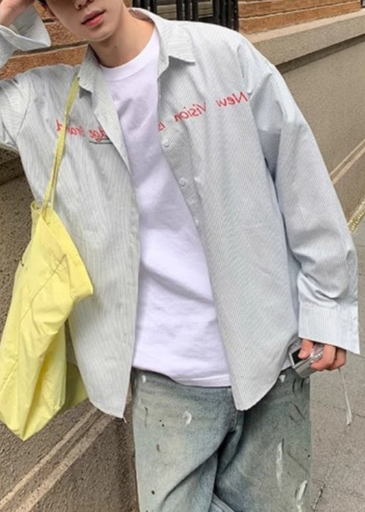 Baumwolle Männer Hemden Gestreiften Kragen Blau Brief Frühling