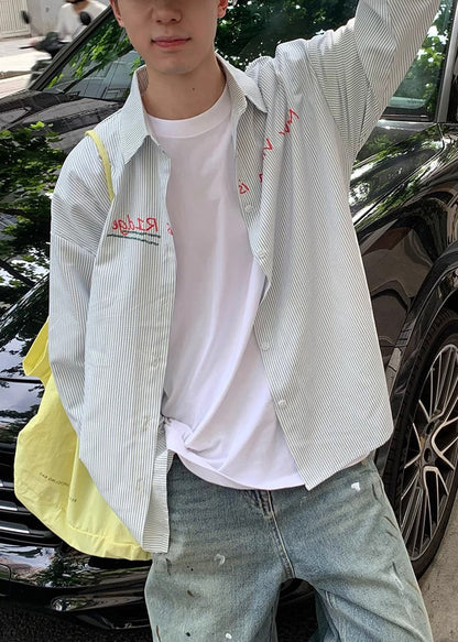 Chemises en coton pour hommes, col rayé, lettres bleues, printemps Peter Pan