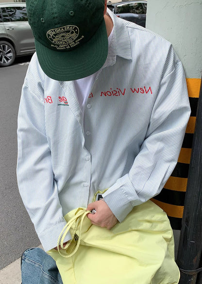 Chemises en coton pour hommes, col rayé, lettres bleues, printemps Peter Pan