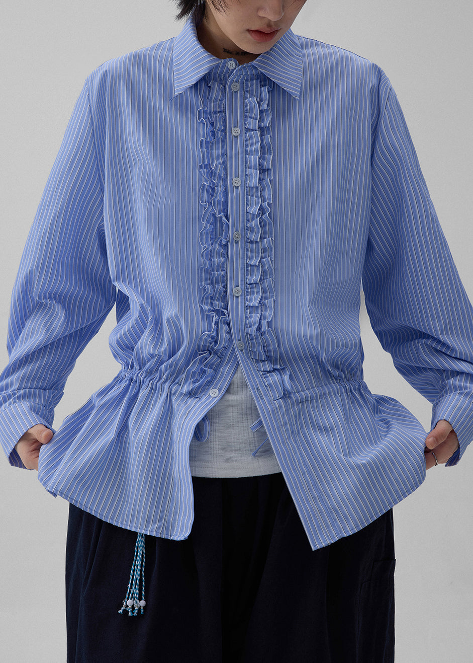 Striped Ruffled Blue Shirt Fall Collar Peter Pan Cotton