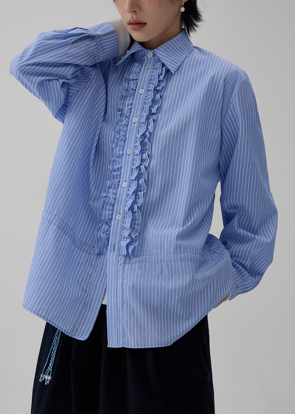 Striped Ruffled Blue Shirt Fall Collar Peter Pan Cotton
