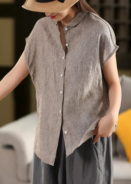 Striped Button Blouse Summer Linen Pan Collar Peter Coffee