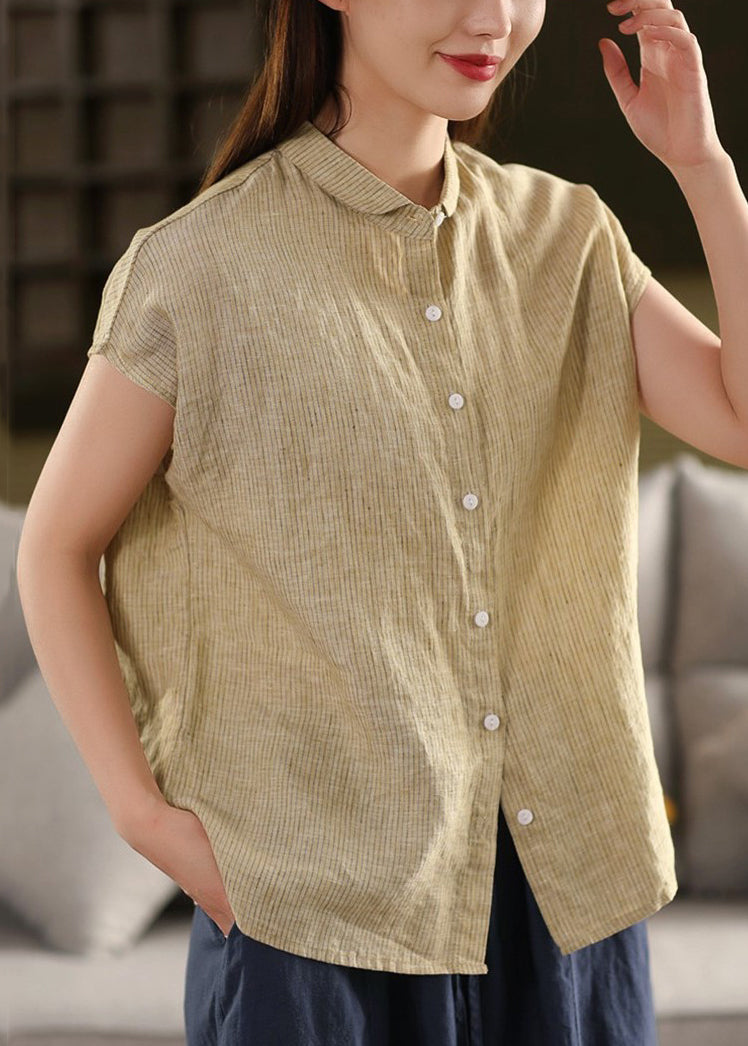 Striped Button Blouse Summer Linen Pan Collar Peter Coffee