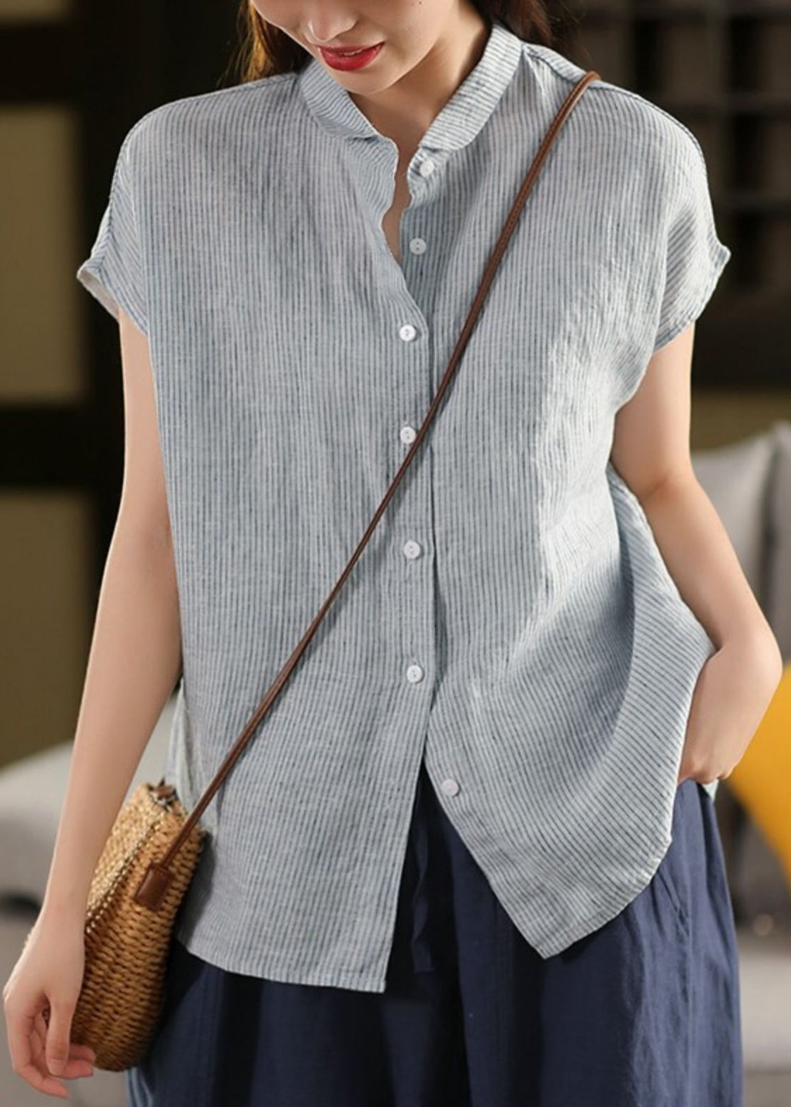 Striped Button Blouse Summer Linen Pan Collar Peter Coffee