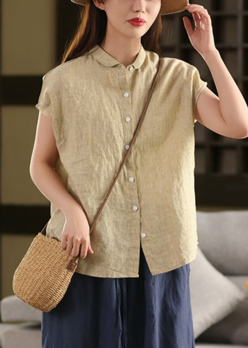 Striped Button Blouse Summer Linen Pan Collar Peter Coffee