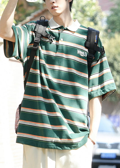 Polo Button Herren Grün Buchstaben Sommer Gestreiftes Baumwollhemd