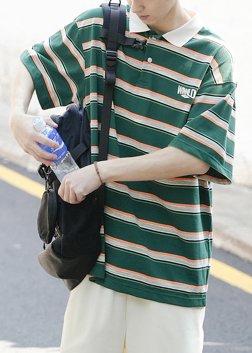 Polo Button Herren Grün Buchstaben Sommer Gestreiftes Baumwollhemd