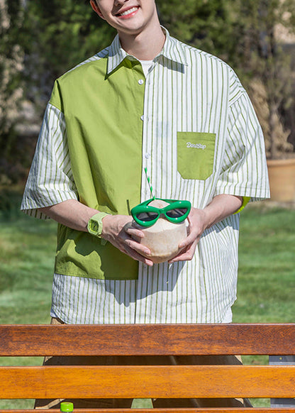 Brief Grün Herren Ärmel Halb Baumwolle Gestreiften Shirts