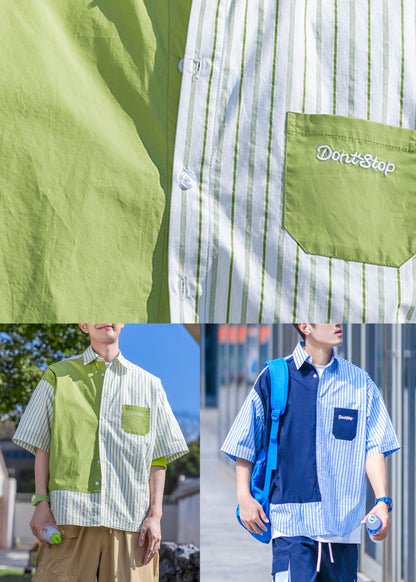 Brief Grün Herren Ärmel Halb Baumwolle Gestreiften Shirts