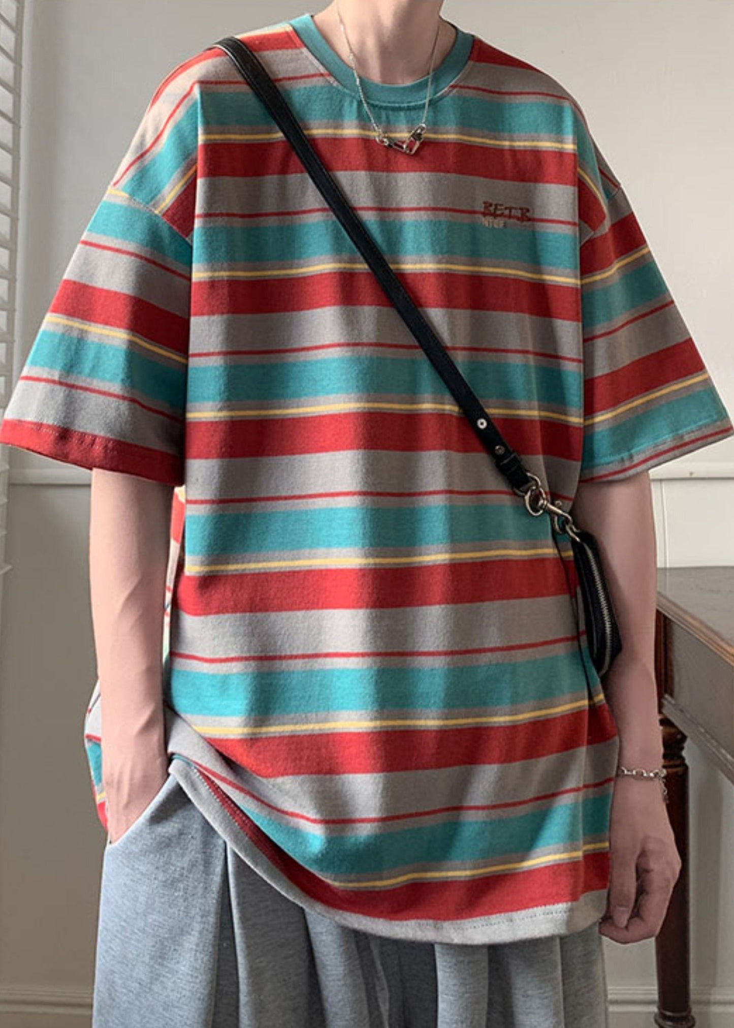 Halbarm Patchwork Shirts Baumwolle T Männer O Rot Gestreiften Hals