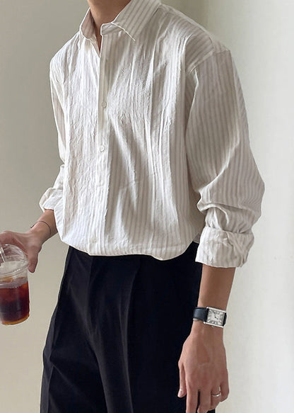 Chemise Peter blanche en coton pour homme, à rayures, à boutons et col à ressort