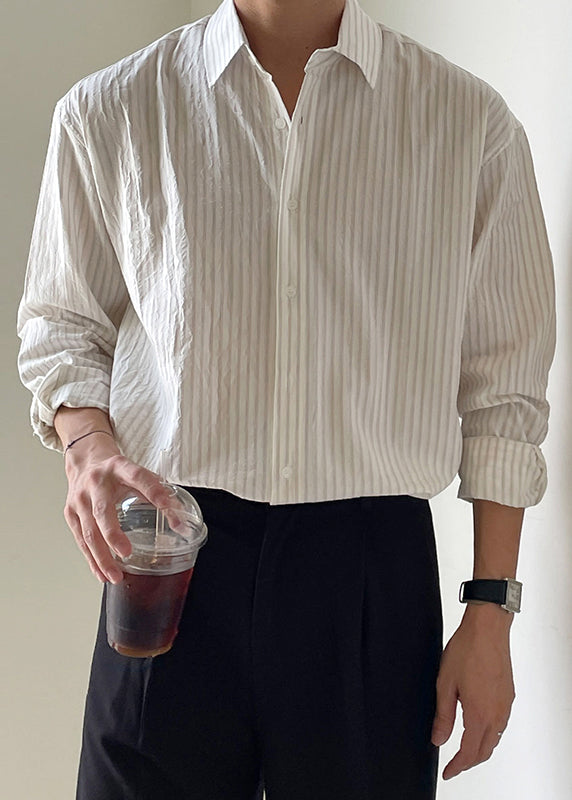 Chemise Peter blanche en coton pour homme, à rayures, à boutons et col à ressort