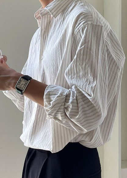 Chemise Peter blanche en coton pour homme, à rayures, à boutons et col à ressort